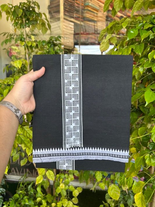 18% Discount! Cotton 80% & Polyester 20% - Kaitharikada Single Black - Kaily / Lungi - 40s - 2 inch Printed kara Kuppadam Border (2 meter / 4 muzham) - 4 KK8040 MUT