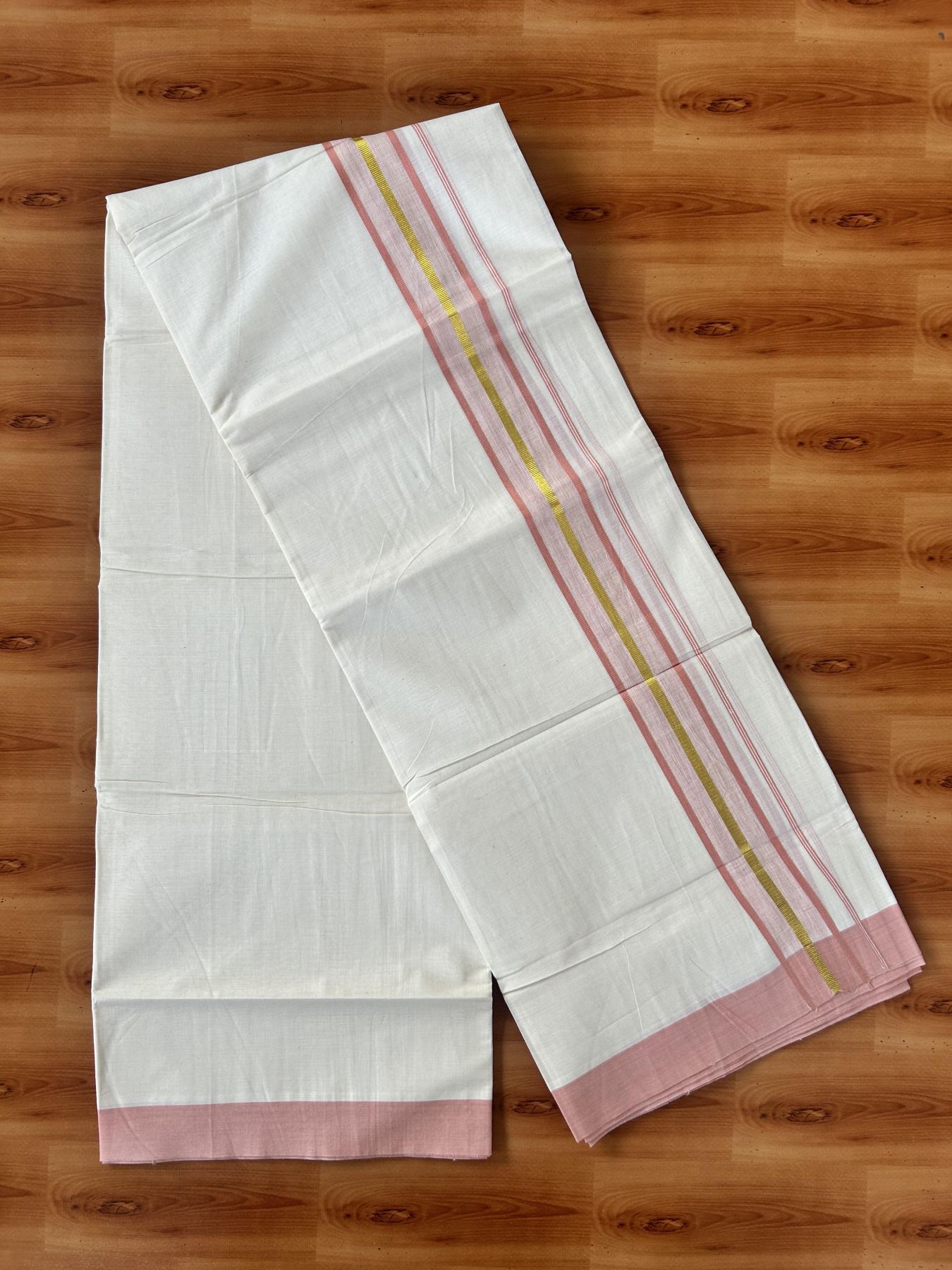 Double Off White (Unbleached) Mundu/Dothi- 20% Discount! Kaitharikada 100% Pure Cotton - 100x80 - 1.75 inch Gold Kasav & Peach pink Shaded Kara 4 mtr (8.5 muzham) - 12 KK5455 THI