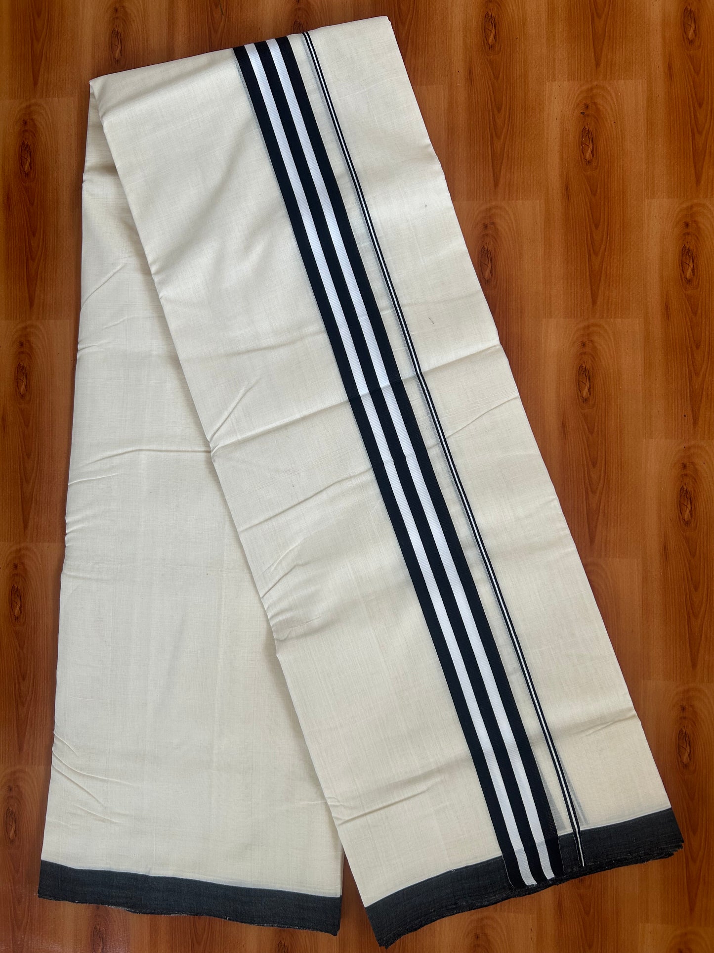 25% Discount!! KaithariKada Handloom Unakkupaav - Kerala Handloom - 100% Pure Cotton Off White (Unbleached) Double Mundu/Dothi - 100x80 - 1.5 inch Black & White Stripes Kara 3.80 mtr (8 muzham) - 22 KK5380 SOM