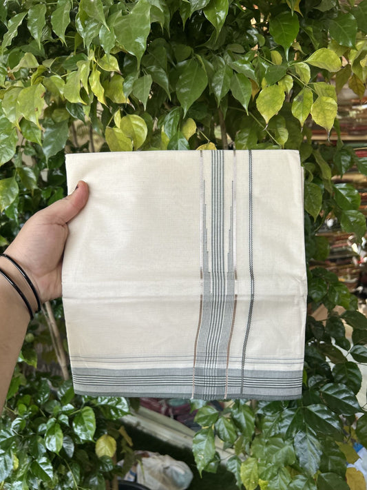 20% Discount ! KaithariKada Balaramapuram 100% Cotton Double Off White - (Unbleached) - Mundu / Dhoti- 100x80 -  1.25 inch Puliyilakkara Silver Kasav & Sage Green shaded striped chutty Kara - 4 mtr (8.5 Muzham) - 35 KK5340 VIN