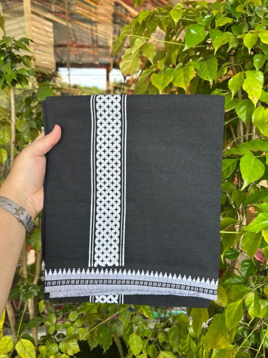 18% Discount! Cotton 80% & Polyester 20% - Kaitharikada Single Black - Kaily / Lungi - 40s - 2 inch Printed kara Kuppadam Border (2 meter / 4 muzham) - 7 KK8040 MUT