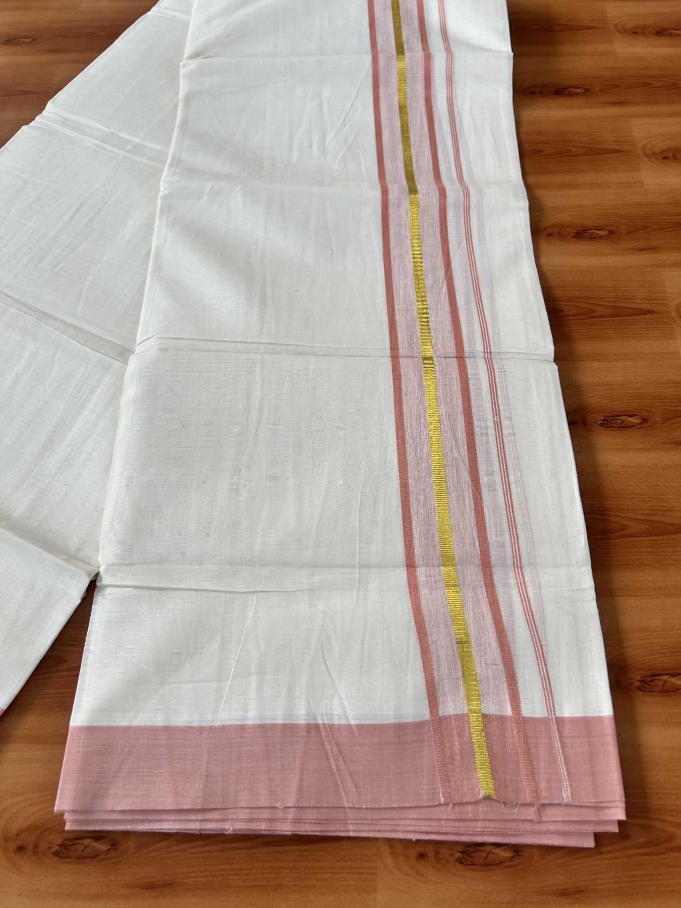 Double Off White (Unbleached) Mundu/Dothi- 20% Discount! Kaitharikada 100% Pure Cotton - 100x80 - 1.75 inch Gold Kasav & Peach pink Shaded Kara 4 mtr (8.5 muzham) - 12 KK5455 THI