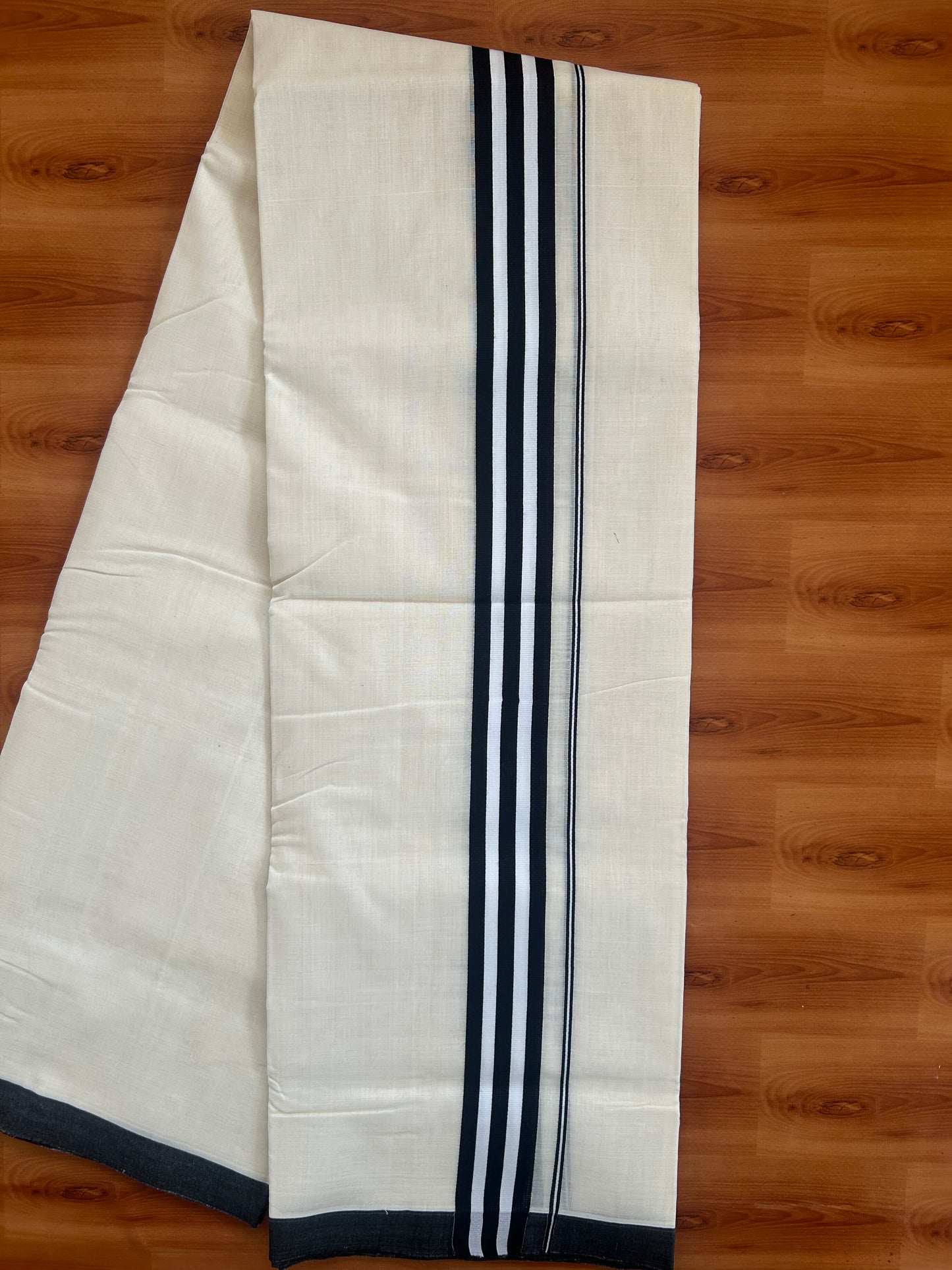 25% Discount!! KaithariKada Handloom Unakkupaav - Kerala Handloom - 100% Pure Cotton Off White (Unbleached) Double Mundu/Dothi - 100x80 - 1.5 inch Black & White Stripes Kara 3.80 mtr (8 muzham) - 22 KK5380 SOM