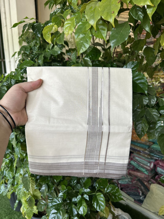 20% Discount ! KaithariKada Balaramapuram 100% Cotton Double Off White - (Unbleached) - Mundu / Dhoti- 100x80 -  1.25 inch Puliyilakkara Silver Kasav & Brown shaded striped chutty Kara - 4 mtr (8.5 Muzham) - 34 KK5340 VIN