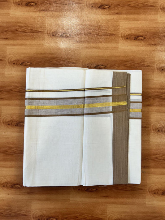 Double Off White (Unbleached) Mundu/Dothi- 20% Discount! Kaitharikada 100% Pure Cotton - 100x80 - 1.5 inch Gold Kasav & Walnut Brown Shaded Kara 4 mtr (8.5 muzham) - 13 KK5455 THI