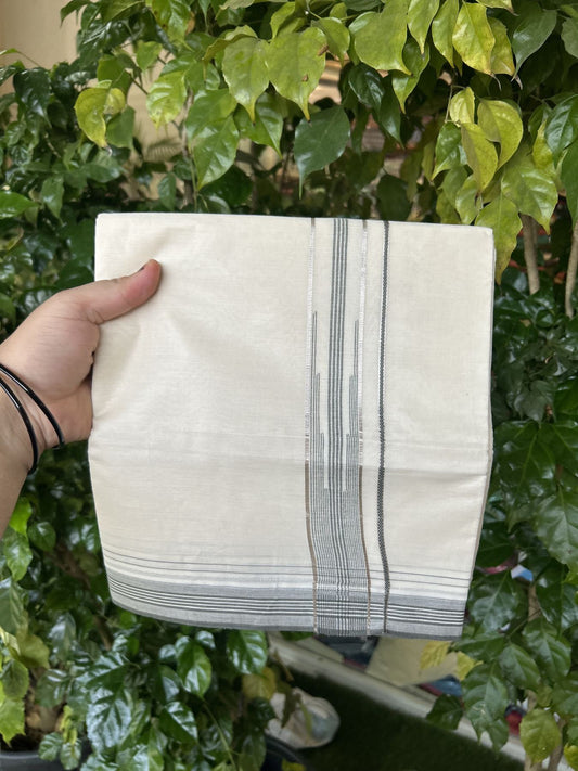 20% Discount ! KaithariKada Balaramapuram 100% Cotton Double Off White - (Unbleached) - Mundu / Dhoti- 100x80 -  1.25 inch Puliyilakkara Silver Kasav & Sage Green shaded striped chutty Kara - 4 mtr (8.5 Muzham) - 32 KK5340 VIN