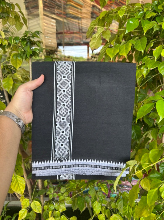 18% Discount! Cotton 80% & Polyester 20% - Kaitharikada Single Black - Kaily / Lungi - 40s - 2 inch Printed kara Kuppadam Border (2 meter / 4 muzham) - 6 KK8040 MUT