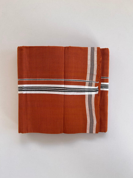 Kerala Handloom Single Kaily/Lungi - KaithariKada 100% Pure Cotton - 60s - 2.5 cm Black & White Kara With Kavi Colour Body - (2 meter / 4 muzham) - 50 KK8081 ELA