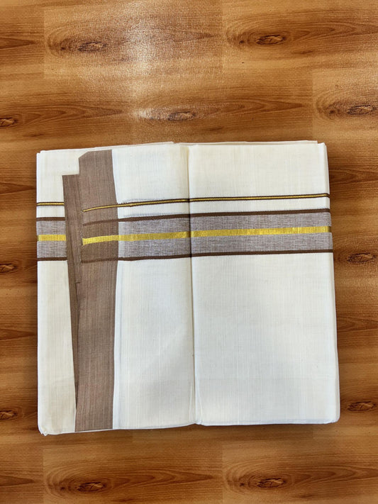 Double Off White (Unbleached) Mundu/Dothi- 20% Discount! Kaitharikada 100% Pure Cotton - 100x80 - 1.5 inch Gold Kasav & Brown Shaded Kara 4 mtr (8.5 muzham) - 14 KK5455 THI