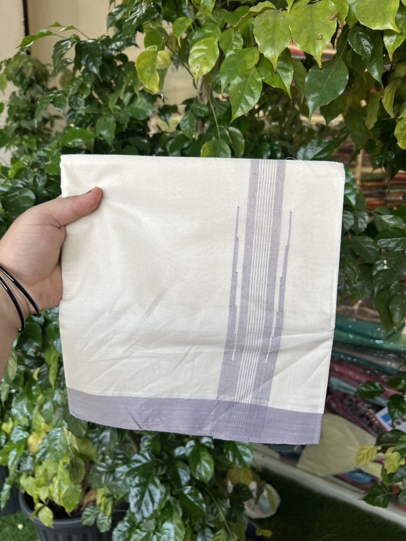 20% Discount ! KaithariKada Balaramapuram 100% Cotton Double Off White - (Unbleached) - Mundu / Dhoti- 100x80 -  1.75 inch Puliyilakkara Ash Purple shaded striped chutty Kara - 4 mtr (8.5 Muzham) - 30 KK5340 VIN