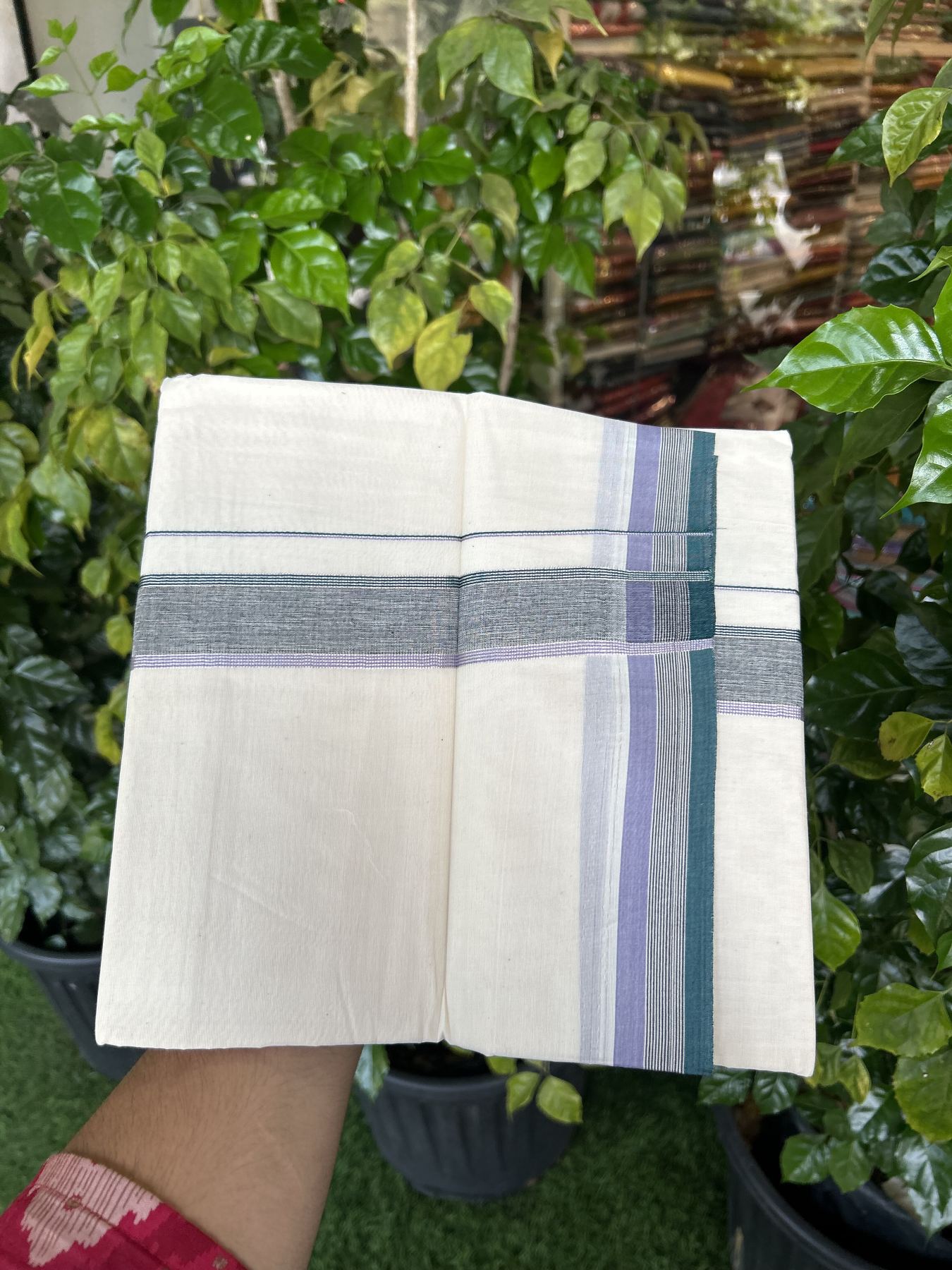 20% Discount ! KaithariKada Balaramapuram 100% Cotton Double Off White - (Unbleached) - Mundu / Dhoti- 100x80 -  1.5 inch Silver Kasav Black Green & Lavender shaded Kara - 4 mtr (8.5 Muzham) - 42 KK5340 VIN