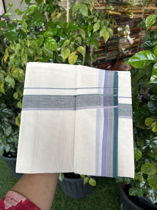 20% Discount ! KaithariKada Balaramapuram 100% Cotton Double Off White - (Unbleached) - Mundu / Dhoti- 100x80 -  1.5 inch Silver Kasav Black Green & Lavender shaded Kara - 4 mtr (8.5 Muzham) - 42 KK5340 VIN
