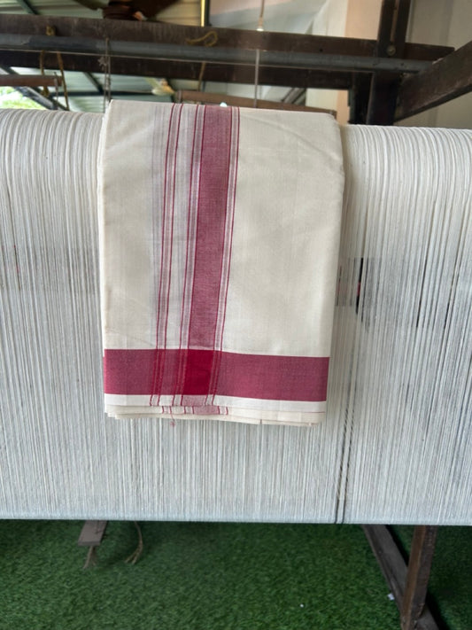 20% DISCOUNT! KaithariKada 100% Cotton Off White - (Unbleached) - Pure Cotton -100x100 thread - NORTH INDIAN - ATTACHED GAMCHA 9X5 Dhoti Maroon Striped 1.5 inch Kara- 14KK5196PMC