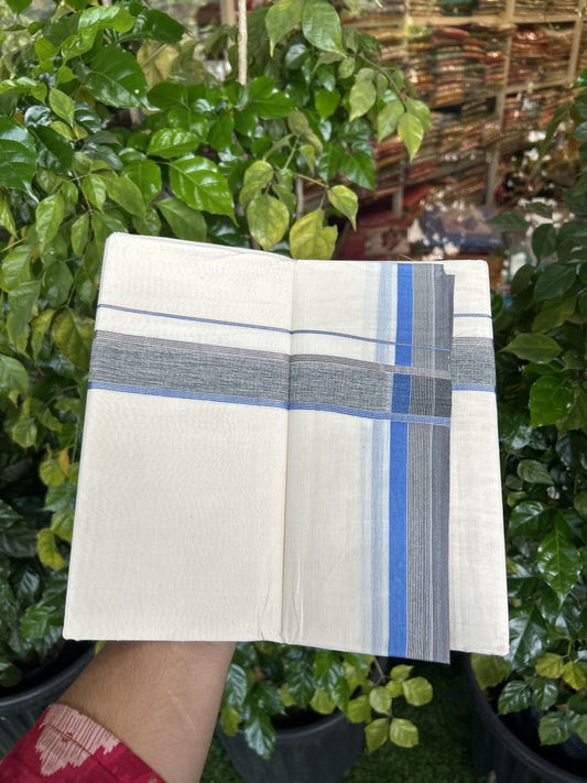20% Discount ! KaithariKada Balaramapuram 100% Cotton Double Off White - (Unbleached) - Mundu / Dhoti- 100x80 -  1.5 inch Silver Kasav Black Ash & Blue shaded Kara - 4 mtr (8.5 Muzham) - 41 KK5340 VIN