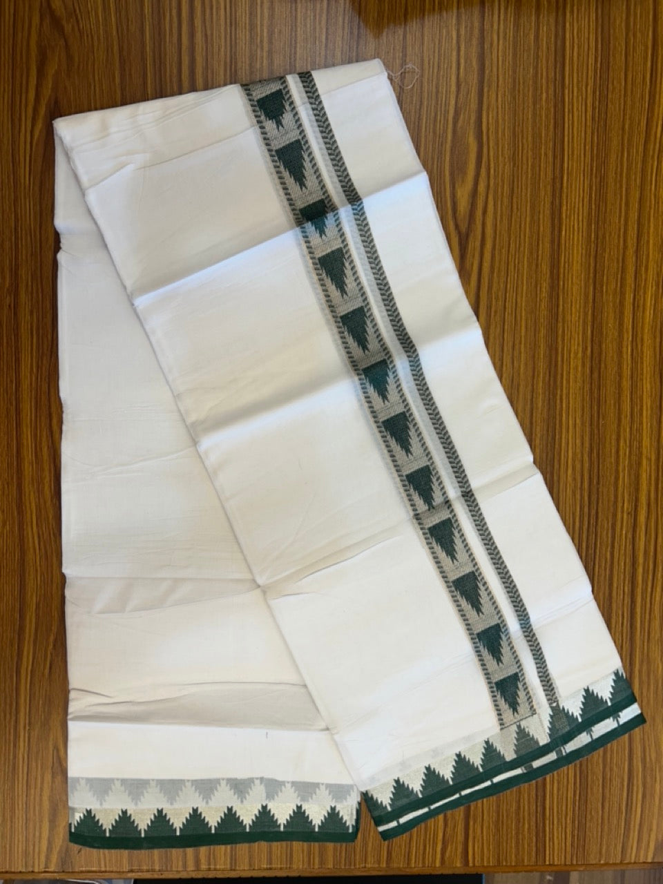 24% Discount ! KaithariKada Balaramapuram 100% Cotton Double Pure White Mundu/Dhoti - 100X80 - 1.25 inch Silver Kasav & Green Jacquard Design kara 3.90 mtr (8 Muzham) - 8 KK5305 PMC