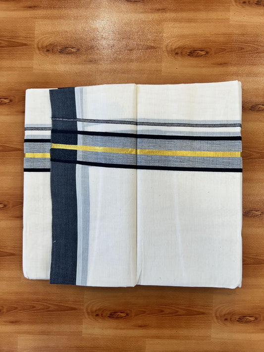 Double Off White (Unbleached) Mundu/Dothi- 20% Discount! Kaitharikada 100% Pure Cotton - 100x80 - 1.75 inch Gold Kasav & Black Shaded Kara 4 mtr (8.5 muzham) - 10 KK5455 THI