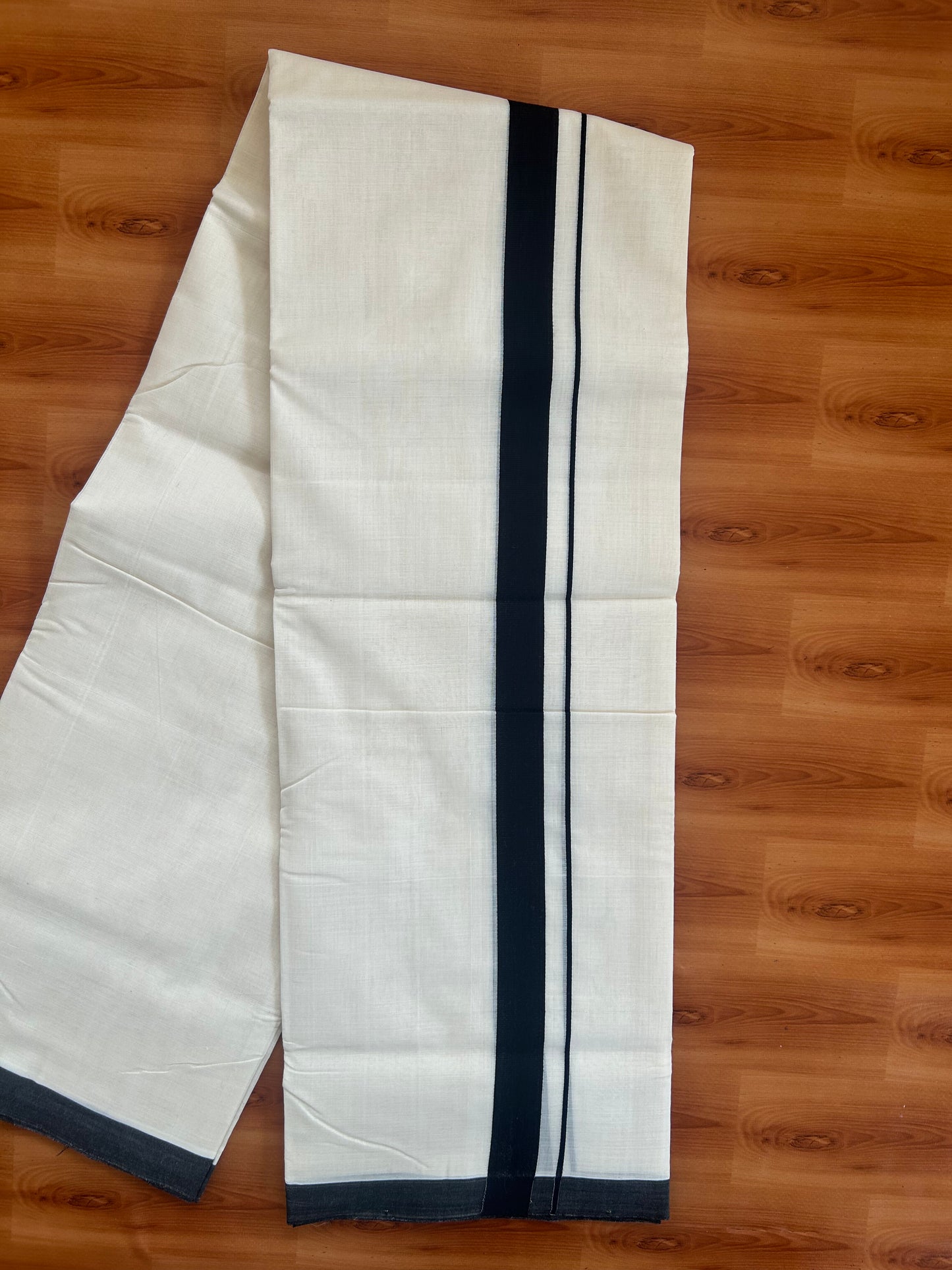 25% Discount ! KaithariKada Handloom Unakkupaav - Kerala Handloom - 100% Pure Cotton Off White (Unbleached) Double Mundu/Dothi - 100x80 - 1 inch Black Kara  3.80 Meters (8 Muzham) - 23 KK5380 SOM
