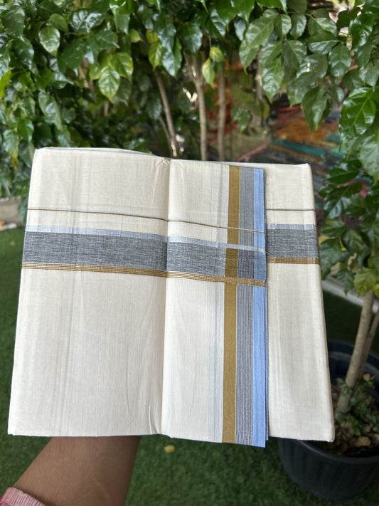 20% Discount ! KaithariKada Balaramapuram 100% Cotton Double Off White - (Unbleached) - Mundu / Dhoti- 100x80 -  1.5 inch Silver Kasav Black Blue & Olive Brown shaded Kara - 4 mtr (8.5 Muzham) - 40 KK5340 VIN