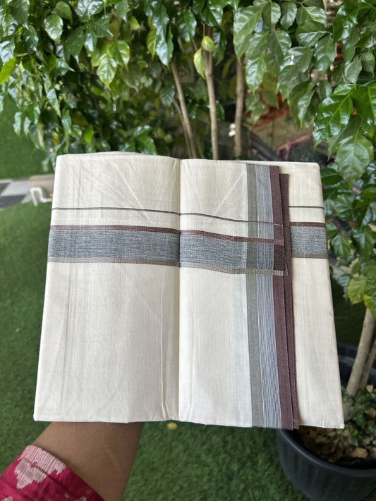 20% Discount ! KaithariKada Balaramapuram 100% Cotton Double Off White - (Unbleached) - Mundu / Dhoti- 100x80 -  1.5 inch Silver Kasav Black Ash & Brown shaded Kara - 4 mtr (8.5 Muzham) - 39 KK5340 VIN