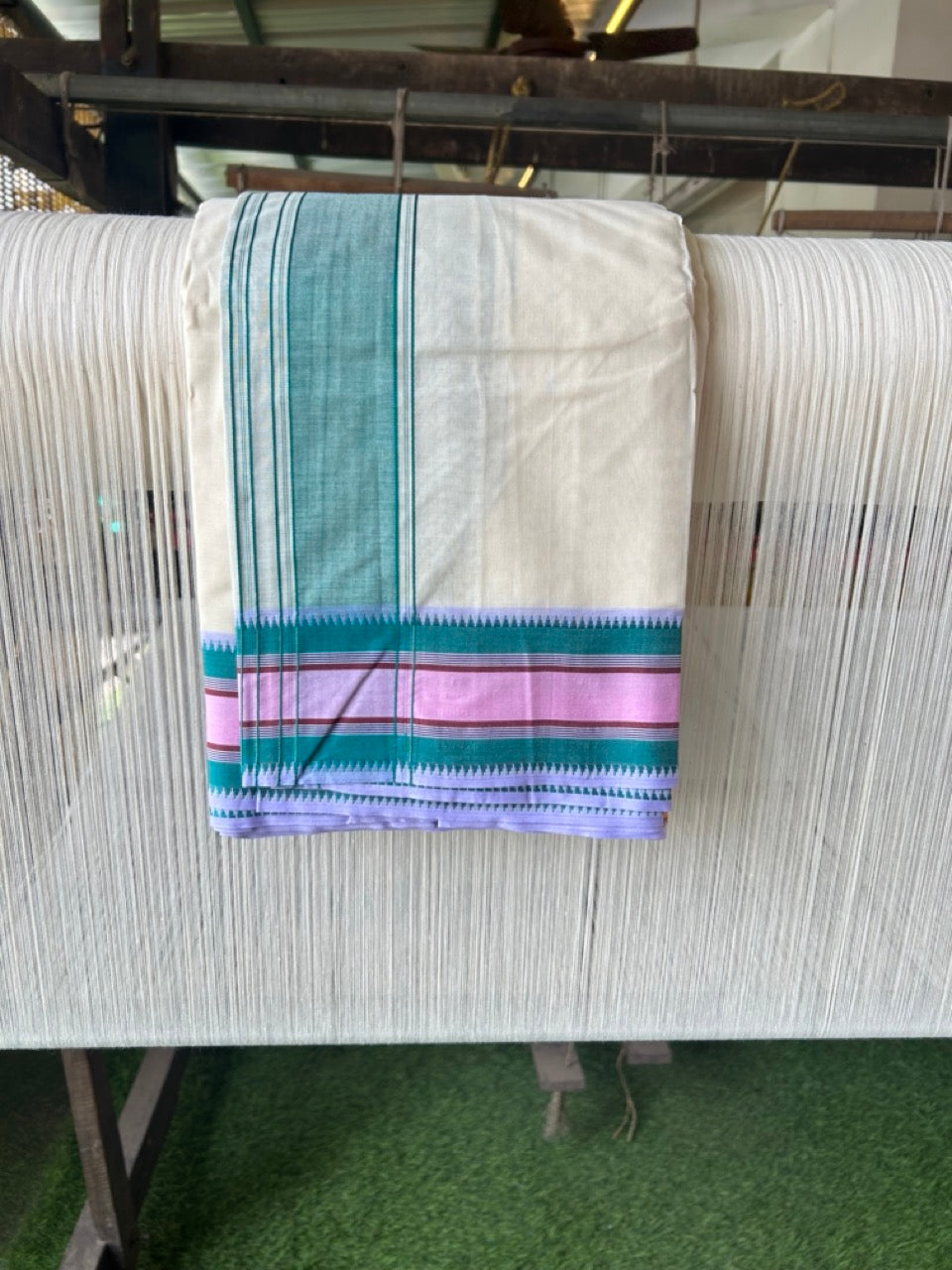 20% DISCOUNT! KaithariKada 100% Cotton Off White - (Unbleached) - Pure Cotton -100x100 thread - NORTH INDIAN - ATTACHED GAMCHA 9X5 Dhoti Green kara with Yellow Maroon & Pink Green Striped border- 11KK5196PMC