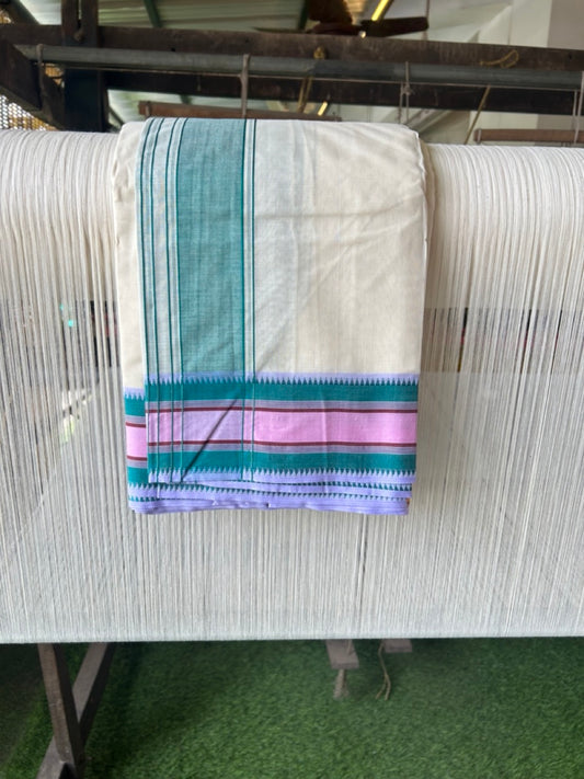 20% DISCOUNT! KaithariKada 100% Cotton Off White - (Unbleached) - Pure Cotton -100x100 thread - NORTH INDIAN - ATTACHED GAMCHA 9X5 Dhoti Green kara with Yellow Maroon & Pink Green Striped border- 11KK5196PMC