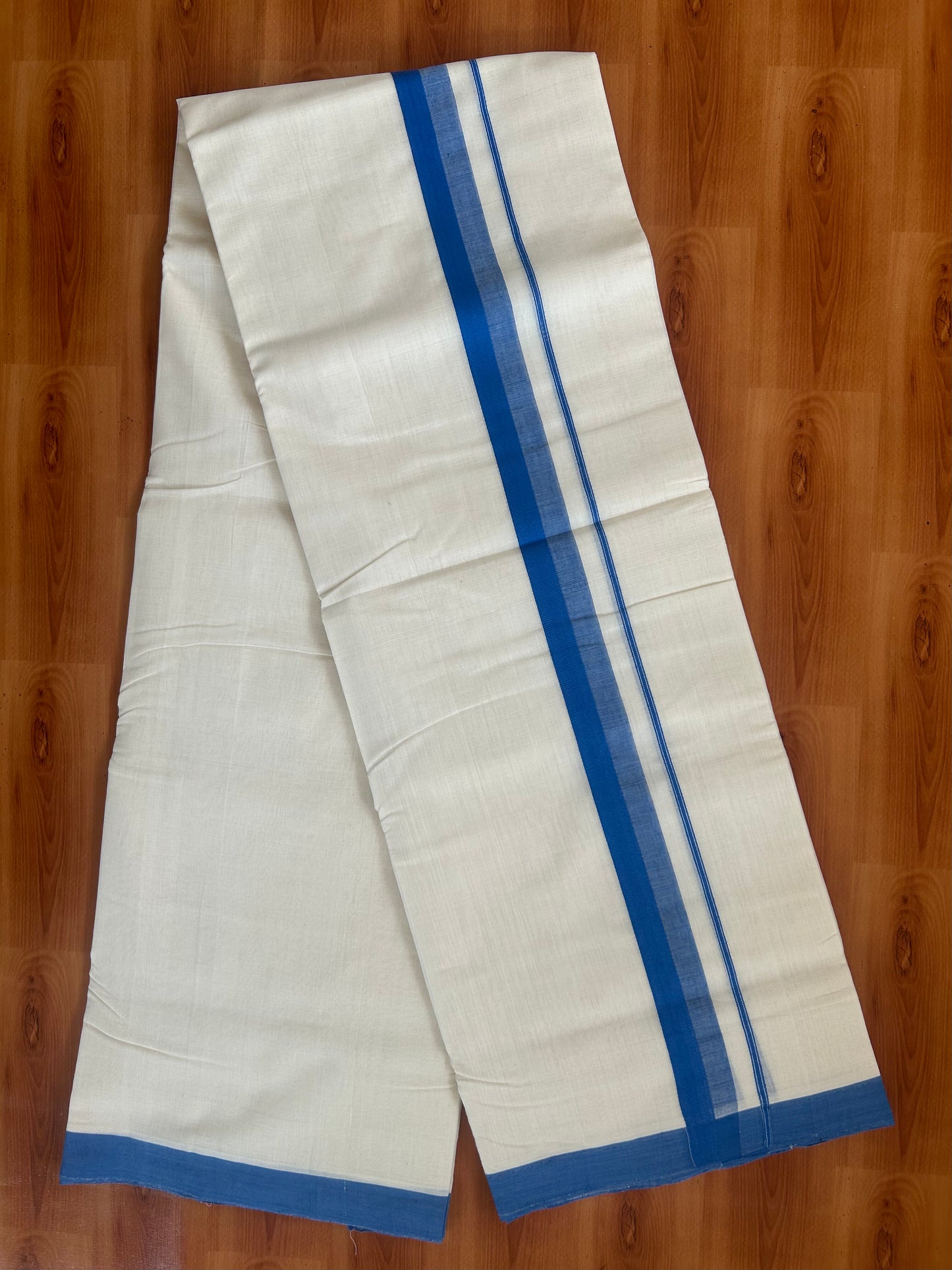 25% Discount ! KaithariKada Handloom Unakkupaav - Kerala Handloom - 100% Pure Cotton Off White (Unbleached) Double Mundu/Dhoti - 100X80 - 1.25 inch Blue Kara 3.80 Mtr (8 Muzham) - 31 KK5380 SOM