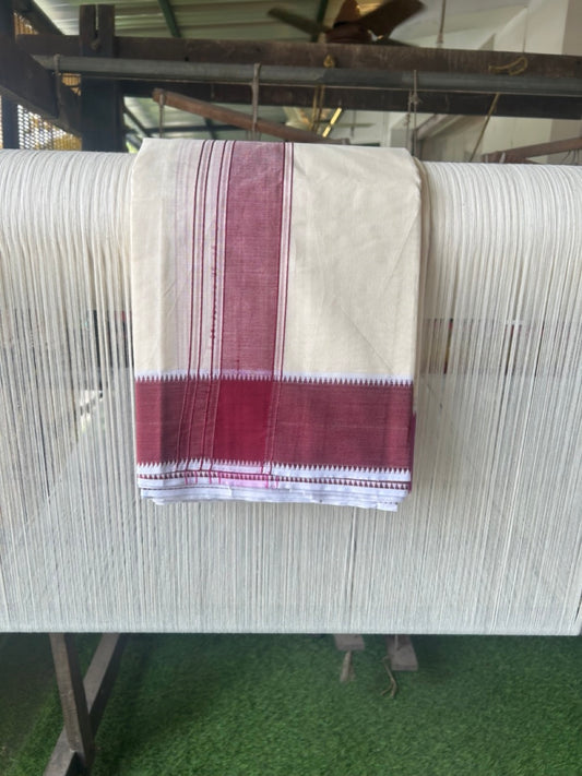 20% DISCOUNT! KaithariKada 100% Cotton Off White - (Unbleached) - Pure Cotton -100x100 thread - NORTH INDIAN - ATTACHED GAMCHA 9X5 Dhoti Magenta & Maroon border - 10KK5196PMC