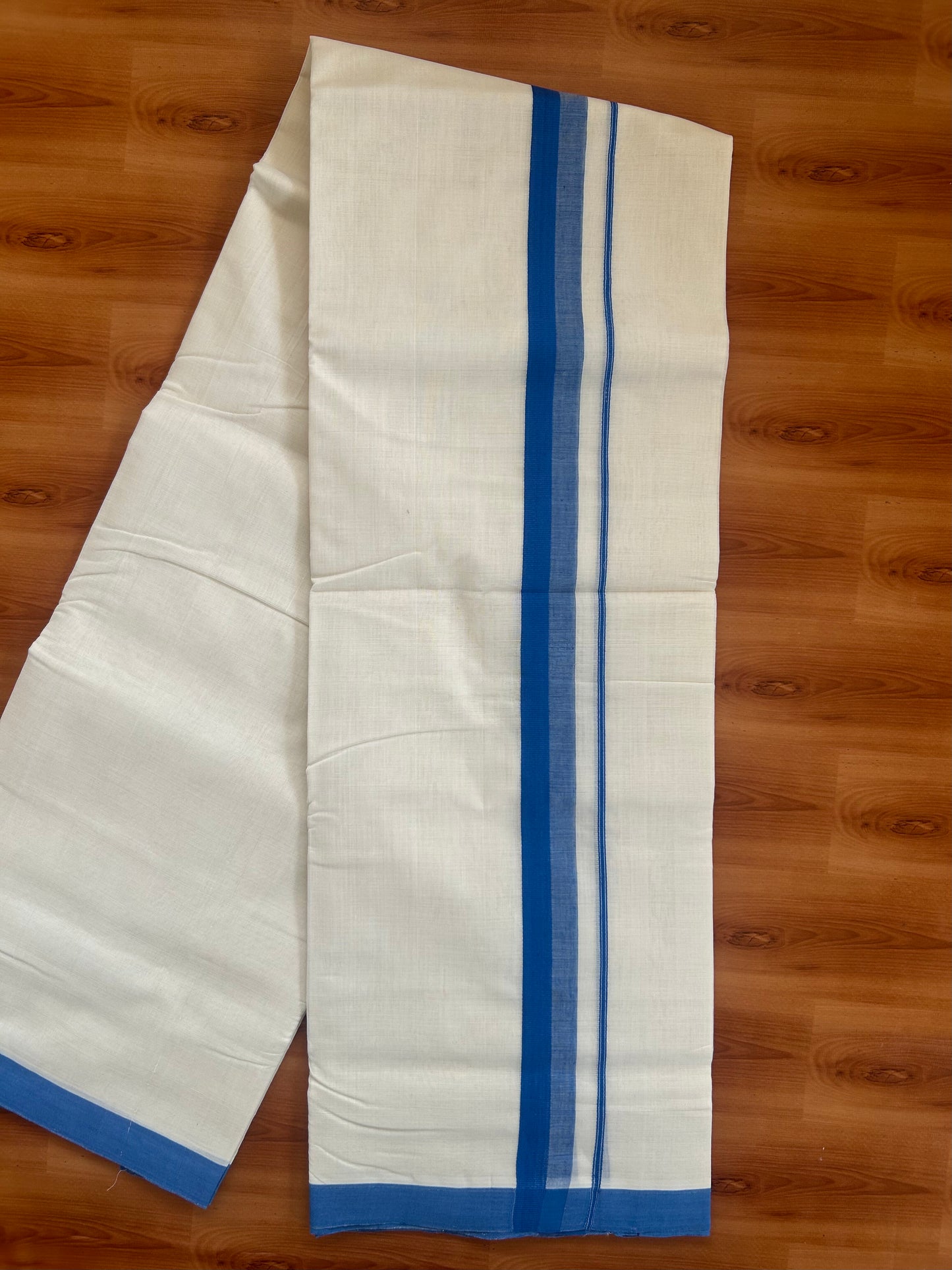 25% Discount ! KaithariKada Handloom Unakkupaav - Kerala Handloom - 100% Pure Cotton Off White (Unbleached) Double Mundu/Dhoti - 100X80 - 1.25 inch Blue Kara 3.80 Mtr (8 Muzham) - 31 KK5380 SOM