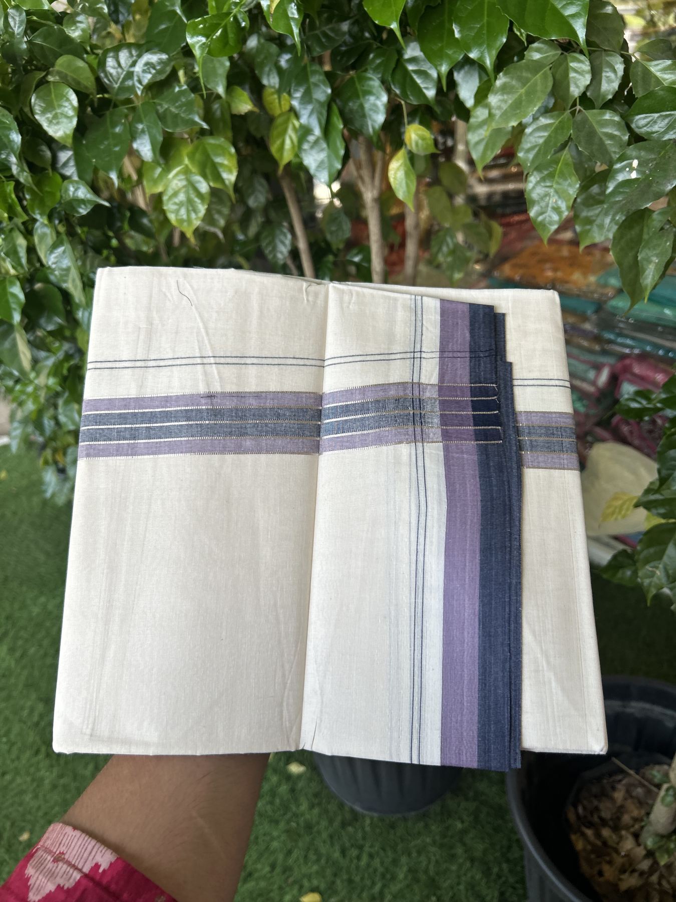 20% Discount ! KaithariKada Balaramapuram 100% Cotton Double Off White - (Unbleached) - Mundu / Dhoti- 100x80 -  1.5 inch Silver Kasav Navy Blue & Purple Ash shaded Stripes Kara 4 mtr (8.5 Muzham) - 44 KK5340 VIN