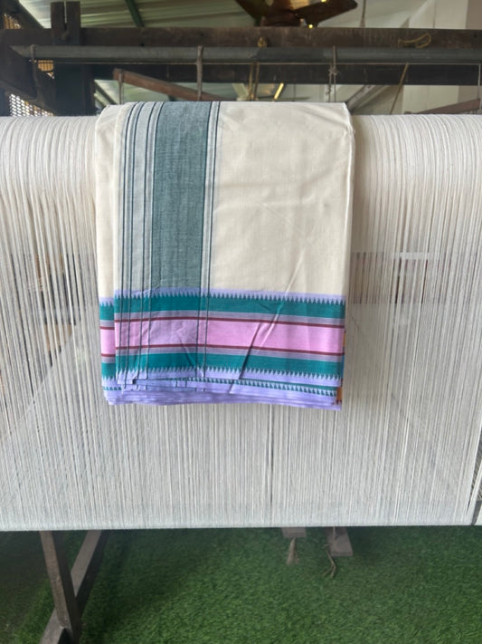 20% DISCOUNT! KaithariKada 100% Cotton Off White - (Unbleached) - Pure Cotton -100x100 thread - NORTH INDIAN - ATTACHED GAMCHA 9X5 Dhoti Dark green kara with Orange Blue & Green Pink Brown Striped border - 32KK5196PMC