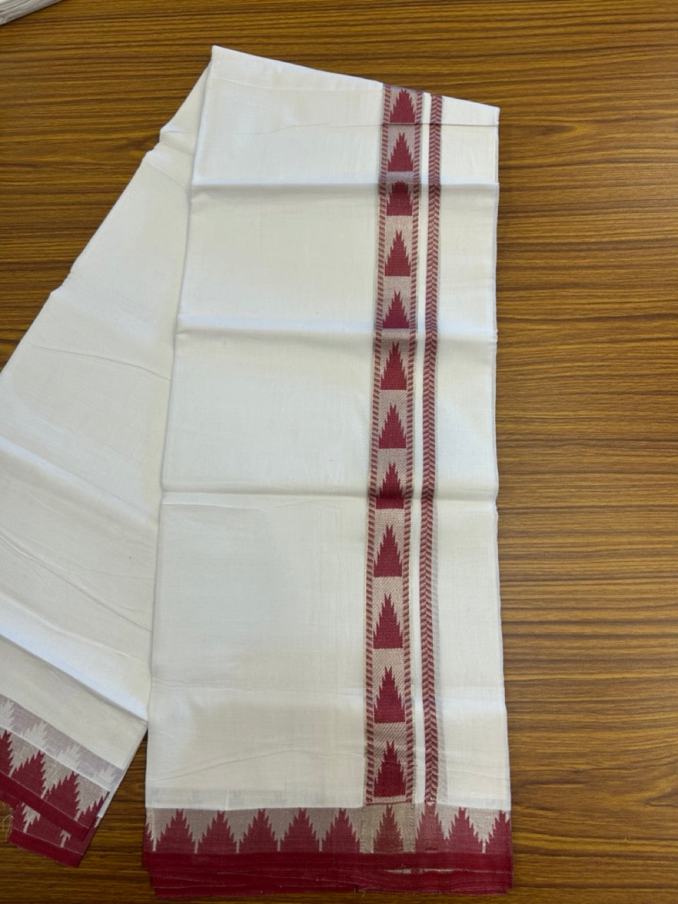24% Discount ! KaithariKada Balaramapuram 100% Cotton Double Pure White Mundu/Dhoti - 100X80 - 1.25 inch Silver Kasav & Reddish Maroon Jacquard Design kara 3.90 mtr (8 Muzham) - 3 KK5305 PMC
