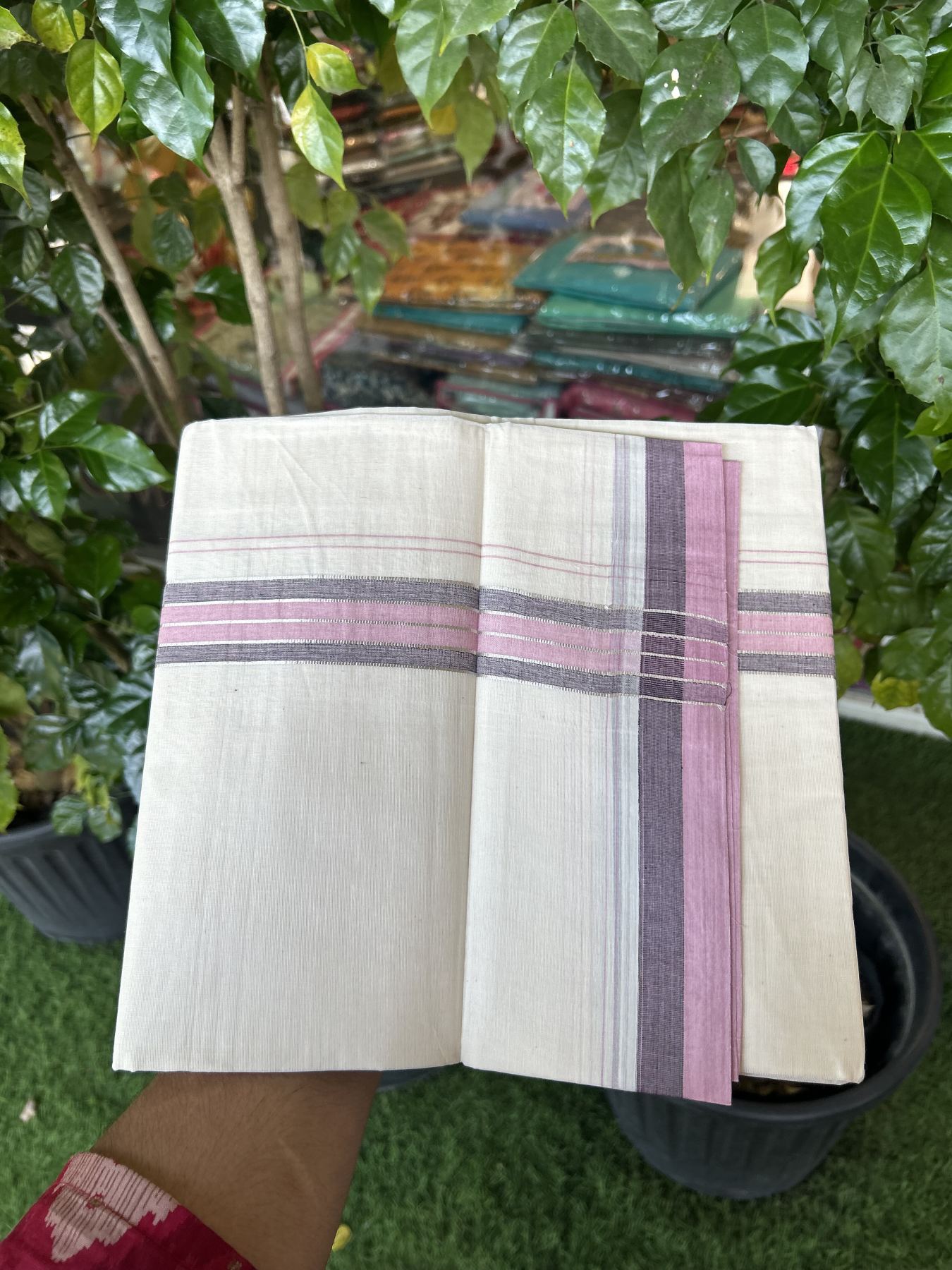 20% Discount ! KaithariKada Balaramapuram 100% Cotton Double Off White - (Unbleached) - Mundu / Dhoti- 100x80 -  1.5 inch Silver Kasav Pink & Brown shaded Stripes Kara 4 mtr (8.5 Muzham) - 46 KK5340 VIN