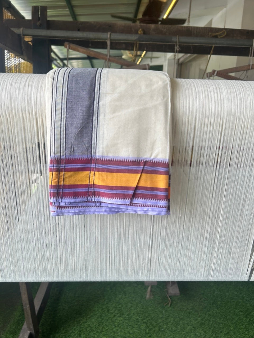 20% DISCOUNT! KaithariKada 100% Cotton Off White - (Unbleached) - Pure Cotton -100x100 thread - NORTH INDIAN - ATTACHED GAMCHA 9X5 Dhoti Orange kara with Yellow Maroon & Brown Striped border - 3KK5196PMC