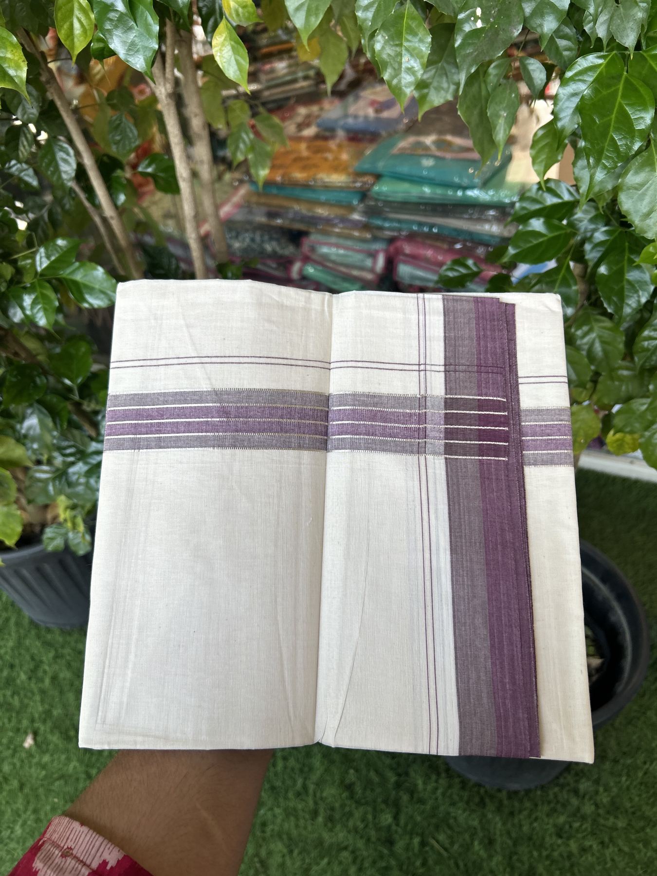 20% Discount ! KaithariKada Balaramapuram 100% Cotton Double Off White - (Unbleached) - Mundu / Dhoti- 100x80 -  1.5 inch Silver Kasav Sage Green & Purple shaded Stripes Kara 4 mtr (8.5 Muzham) - 45 KK5340 VIN