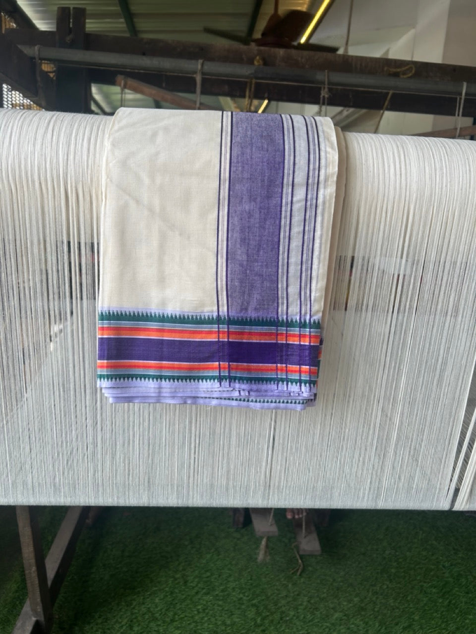 20% DISCOUNT! KaithariKada 100% Cotton Off White - (Unbleached) - Pure Cotton -100x100 thread - NORTH INDIAN - ATTACHED GAMCHA 9X5 Dhoti Violet kara with Violet Green & Orange Striped border - 2KK5196PMC