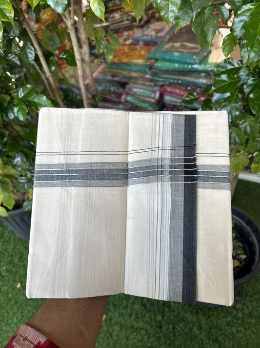 20% Discount ! KaithariKada Balaramapuram 100% Cotton Double Off White - (Unbleached) - Mundu / Dhoti- 100x80 -  1.5 inch Silver Kasav Black & Ash shaded Stripes Kara 4 mtr (8.5 Muzham) - 48 KK5340 VIN