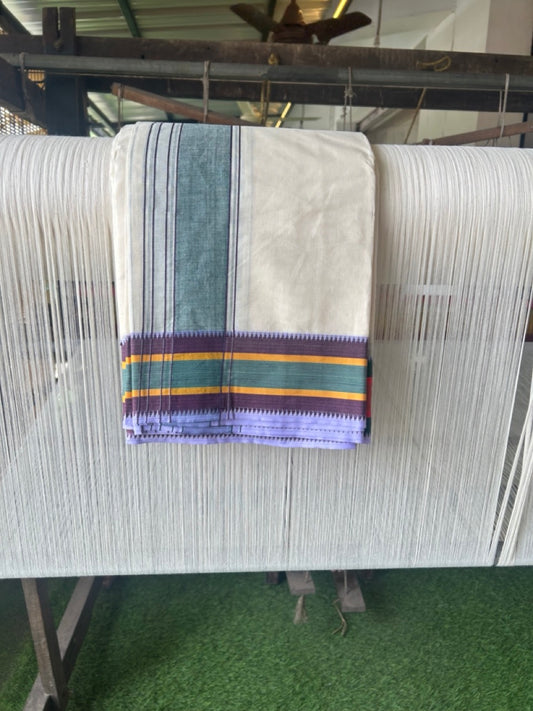 20% DISCOUNT! KaithariKada 100% Cotton Off White - (Unbleached) - Pure Cotton -100x100 thread - NORTH INDIAN - ATTACHED GAMCHA 9X5 Dhoti Green kara with Yellow Green & Brown Red Striped border - 5KK5196PMC