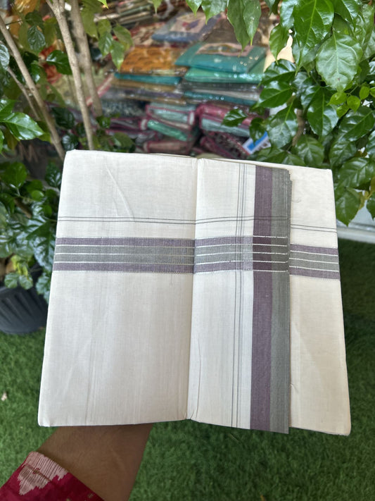 20% Discount ! KaithariKada Balaramapuram 100% Cotton Double Off White - (Unbleached) - Mundu / Dhoti- 100x80 -  1.5 inch Silver Kasav Light Olive Green & Wine Purple shaded Stripes Kara 4 mtr (8.5 Muzham) - 47 KK5340 VIN