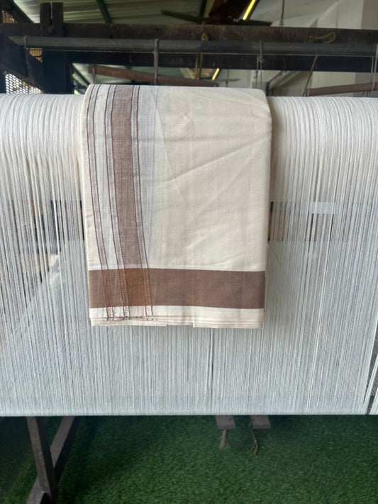 20% DISCOUNT! KaithariKada 100% Cotton Off White - (Unbleached) - Pure Cotton -100x100 thread - NORTH INDIAN - ATTACHED GAMCHA 9X5 Dhoti Light Brown Striped 1.5 inch Kara- 12KK5196PMC