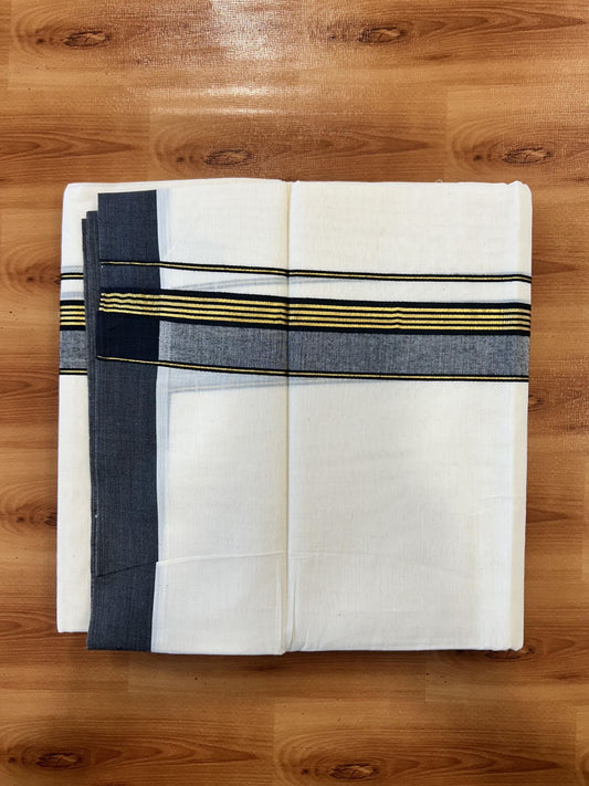 Double Off White (Unbleached) Mundu/Dothi- 20% Discount! Kaitharikada 100% Pure Cotton - 100x80 - 1.5 inch Gold Kasav Stripes & Black Shaded Kara 4 mtr (8.5 muzham) - 60 KK5452 THI