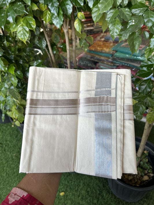 20% Discount ! KaithariKada Balaramapuram 100% Cotton Double Off White - (Unbleached) - Mundu / Dhoti- 100x80 -  1.5 inch Silver Kasav Stripes Kara 4 mtr (8.5 Muzham) - 51 KK5340 VIN