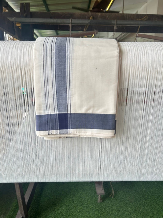 20% DISCOUNT! KaithariKada 100% Cotton Off White - (Unbleached) - Pure Cotton -100x100 thread - NORTH INDIAN - ATTACHED GAMCHA 9X5 Dhoti Navy Blue Striped 1.75 inch kara - 4KK5196PMC