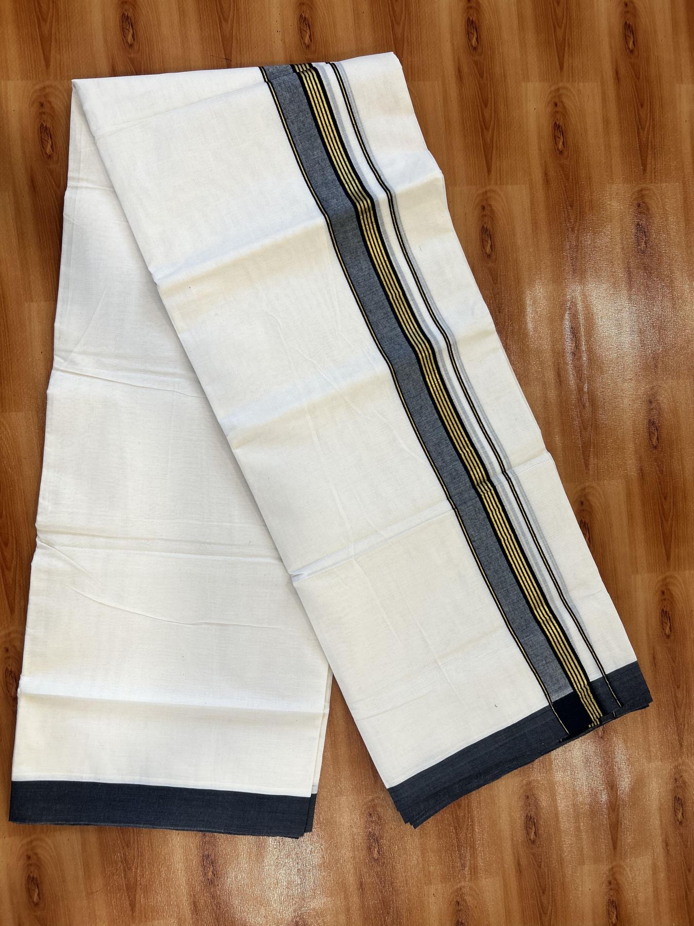 Double Off White (Unbleached) Mundu/Dothi- 20% Discount! Kaitharikada 100% Pure Cotton - 100x80 - 1.5 inch Gold Kasav Stripes & Black Shaded Kara 4 mtr (8.5 muzham) - 60 KK5452 THI
