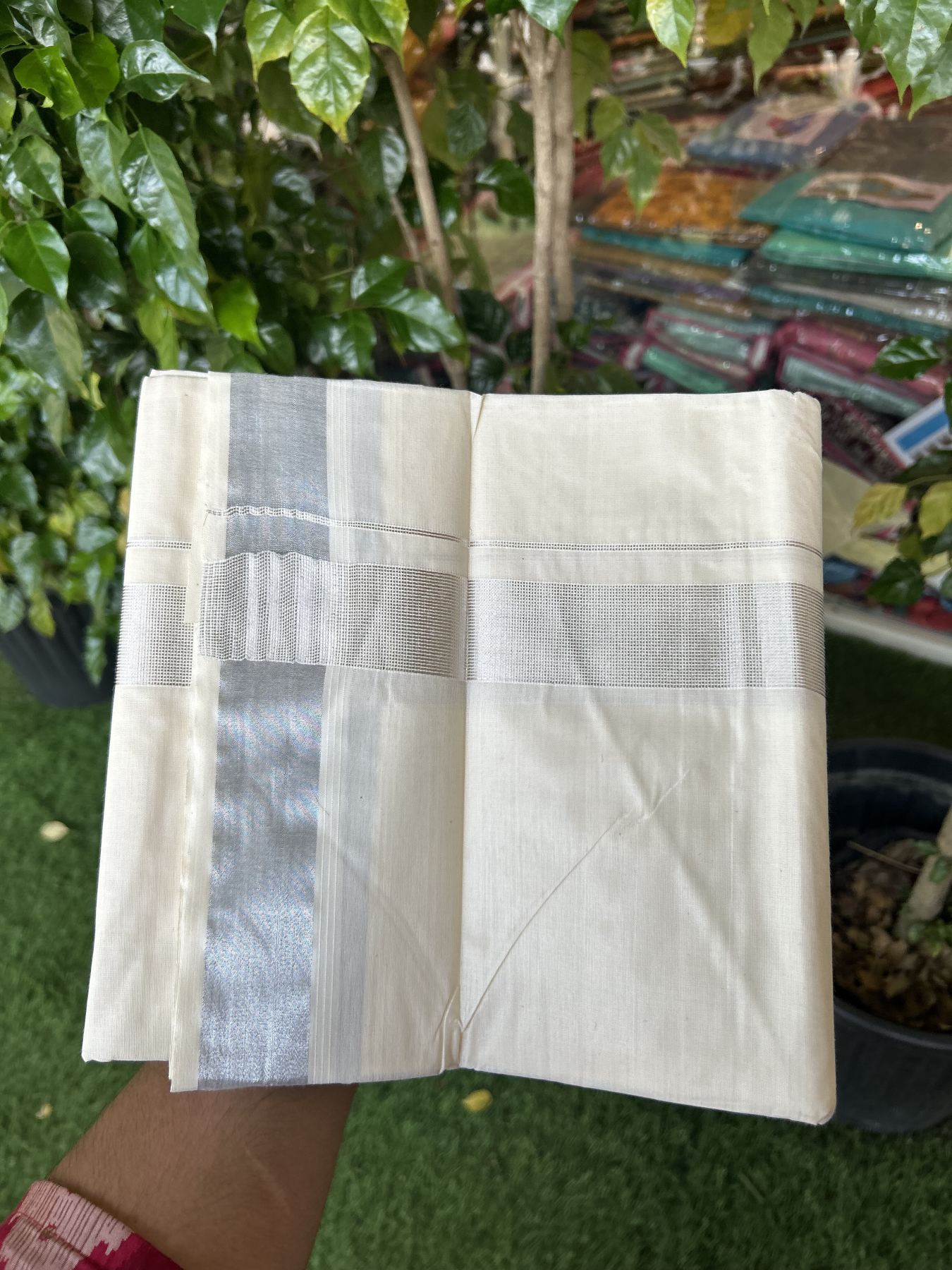 20% Discount ! KaithariKada Balaramapuram 100% Cotton Double Off White - (Unbleached) - Mundu / Dhoti- 100x80 -  1.5 inch Silver Kasav Stripes Kara 4 mtr (8.5 Muzham) - 52 KK5340 VIN