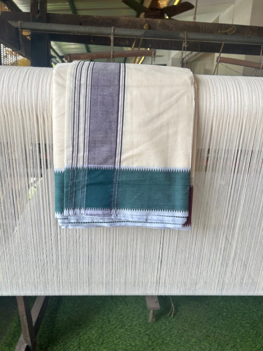 20% DISCOUNT! KaithariKada 100% Cotton Off White - (Unbleached) - Pure Cotton - 100x100 thread - NORTH INDIAN - ATTACHED GAMCHA 9X5 Dhoti Maroon & Green Border - 6KK5196PMC