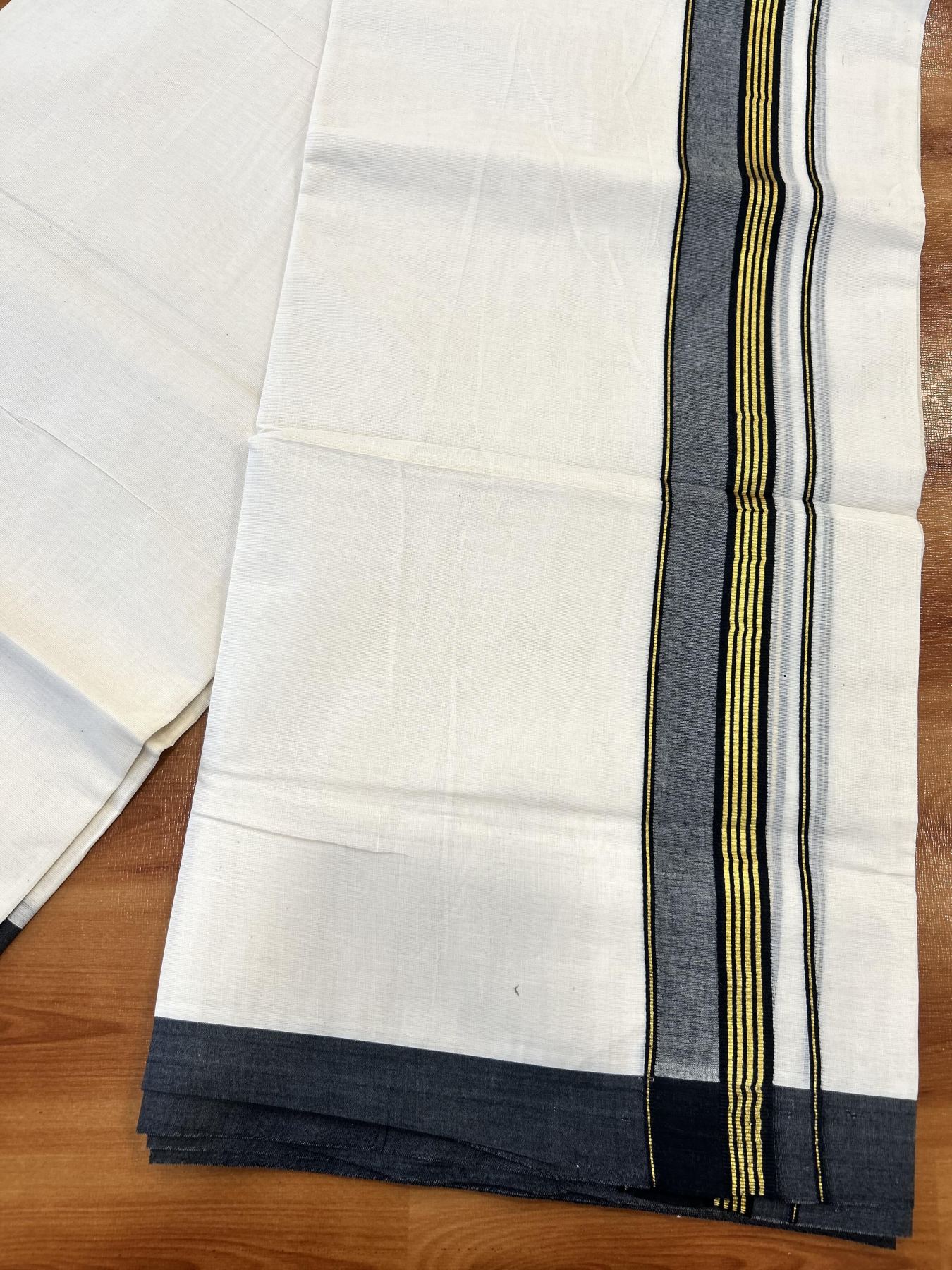 Double Off White (Unbleached) Mundu/Dothi- 20% Discount! Kaitharikada 100% Pure Cotton - 100x80 - 1.5 inch Gold Kasav Stripes & Black Shaded Kara 4 mtr (8.5 muzham) - 60 KK5452 THI