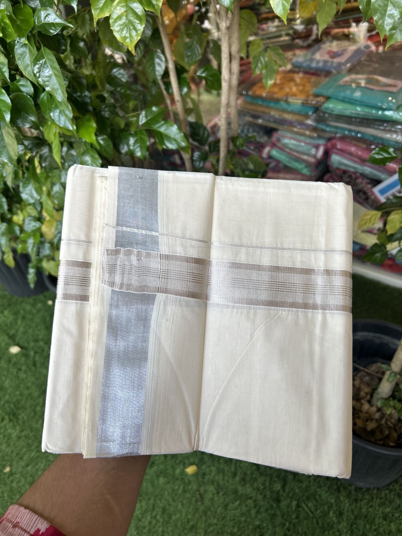 20% Discount ! KaithariKada Balaramapuram 100% Cotton Double Off White - (Unbleached) - Mundu / Dhoti- 100x80 -  1.5 inch Silver Kasav Stripes Kara 4 mtr (8.5 Muzham) - 50 KK5340 VIN