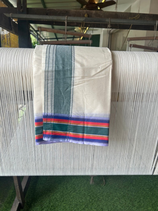 20% DISCOUNT! KaithariKada 100% Cotton Off White - (Unbleached) - Pure Cotton -100x100 thread - NORTH INDIAN - ATTACHED GAMCHA 9X5 Dhoti Dark green kara with Violet Green & Red Brown Striped border - 31KK5196PMC