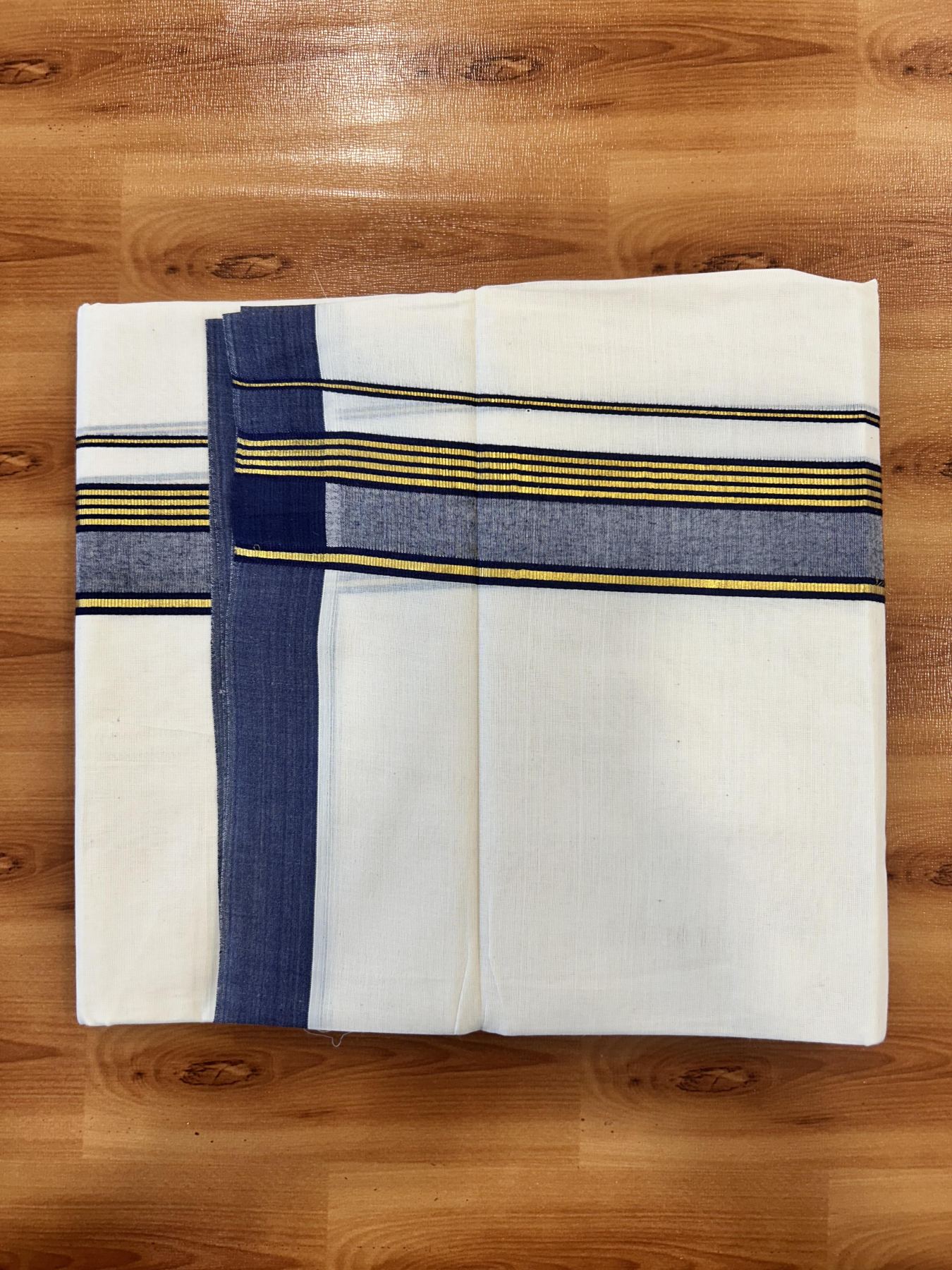 Double Off White (Unbleached) Mundu/Dothi- 20% Discount! Kaitharikada 100% Pure Cotton - 100x80 - 1.5 inch Gold Kasav Stripes & Navy Blue Shaded Kara 4 mtr (8.5 muzham) - 59 KK5452 THI