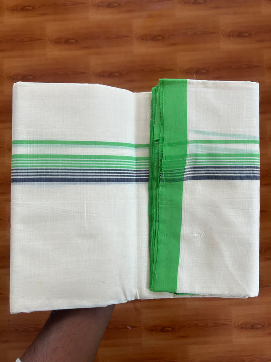 25% Discount ! KaithariKada Handloom Unakkupaav - Kerala Handloom - 100% Pure Cotton Off White (Unbleached) Double Mundu/Dhoti - 100X80 - 1 inch Parrot Green & Navy Blue Striped Kara 3.80 Mtr (8 Muzham) - 25 KK5380 SOM
